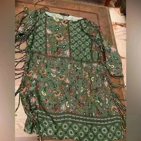 Zara Woman Green Paisley Print Fringe Tunic Dress - Picture 3 of 6